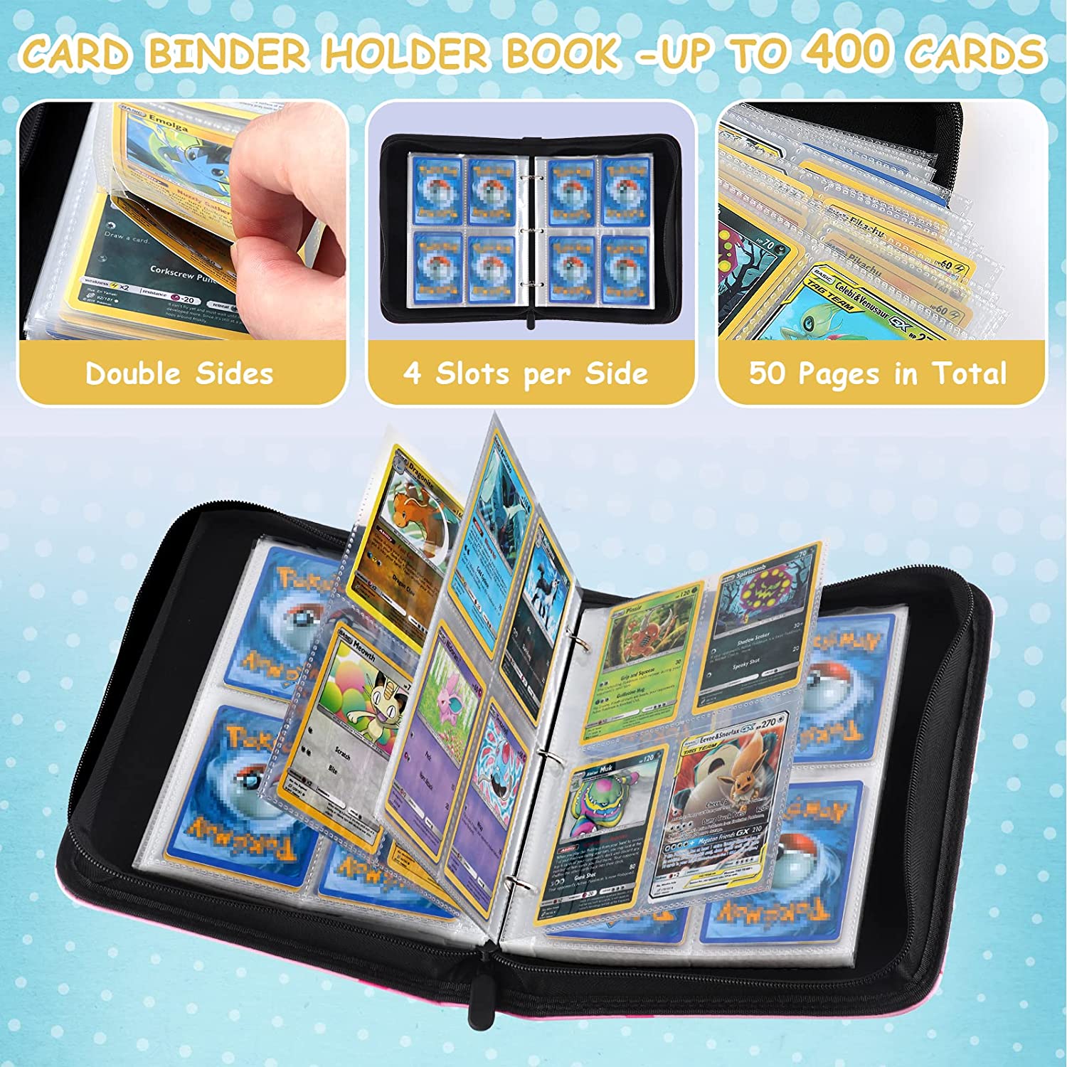FovBern 4-Pocket Card Binder， Trading Card Binder with 50 Premium Removable Sleeves， Holds Up to 400 Cards， Card Holder Collector Album for Game Cards - Image 7